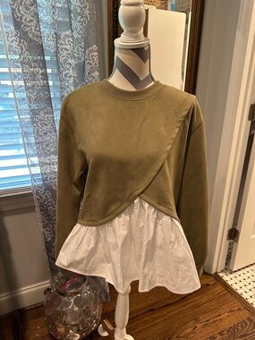 THML Olive Green Sweatshirt with White Peplum Hem NWT medium
